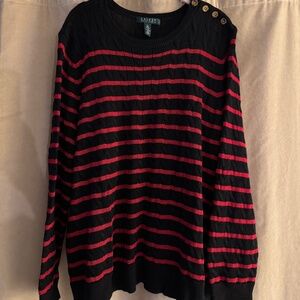 Lauren Ralph Lauren Red Black Striped Crew Neck Sweater Gold Buttons Cable Knit